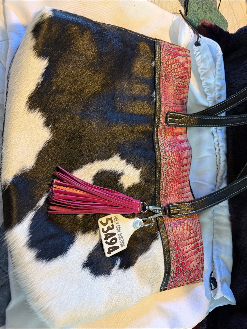 Cowhide Tote with Pink Croc-Emboss Trim and Pink Tassel